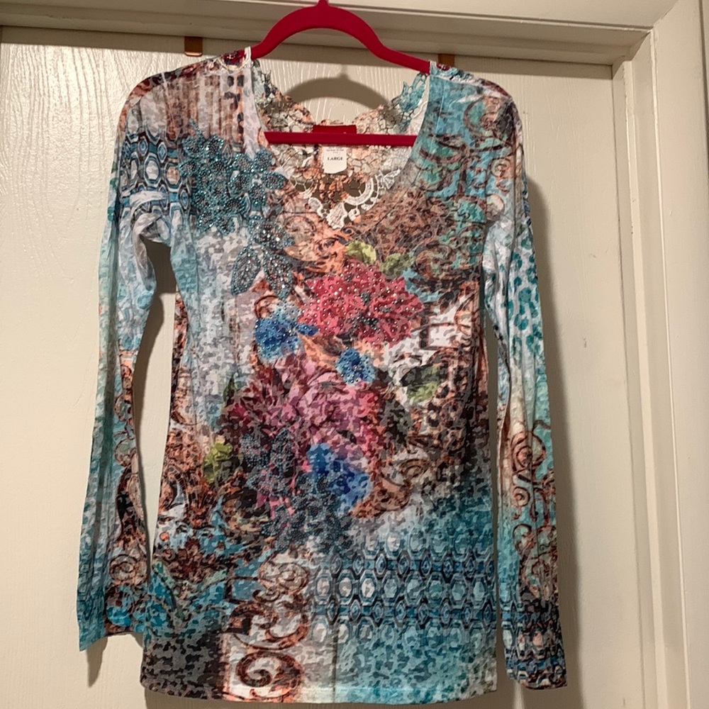Ladies, long sleeve embellished top with lace on back
